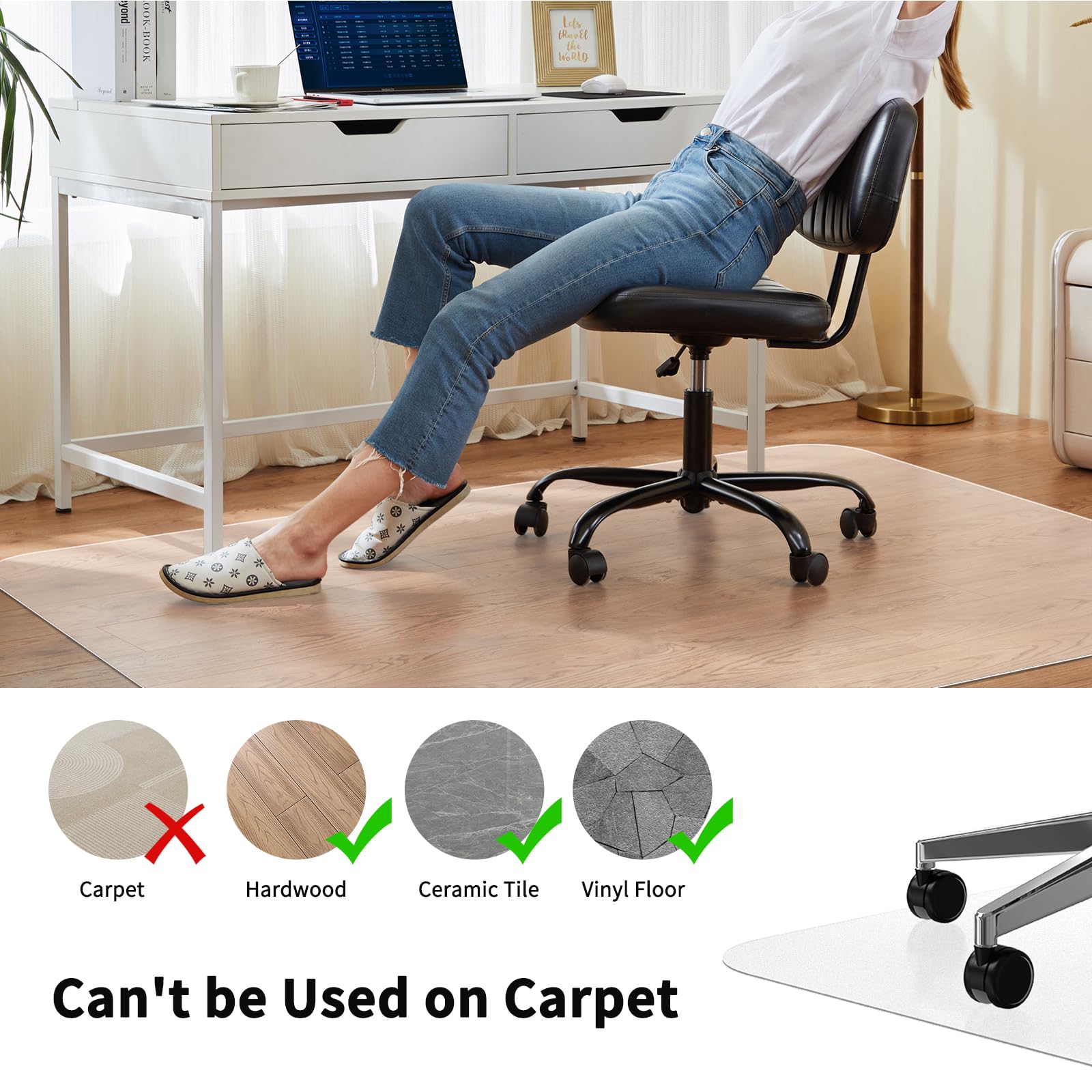 WASJOYE Office Chair Mat for Hard Floor 90x120cm, Floor Protector 1.7mm thick Gaming Chair Mat Large PVC Transparent Desk ChairMat for Home Office