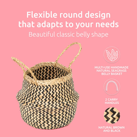 Compactor Belly Basket M - Handwoven Seagrass Storage Basket, Black (27X27X26 cm)