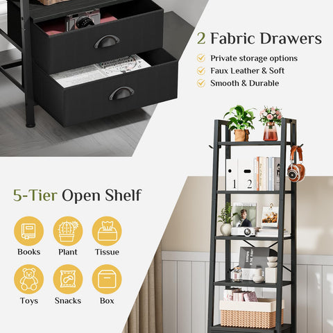 Wooruy 5 Tier Narrow Bookshelf with 2 Fabric Drawers Corner Ladder Shelf