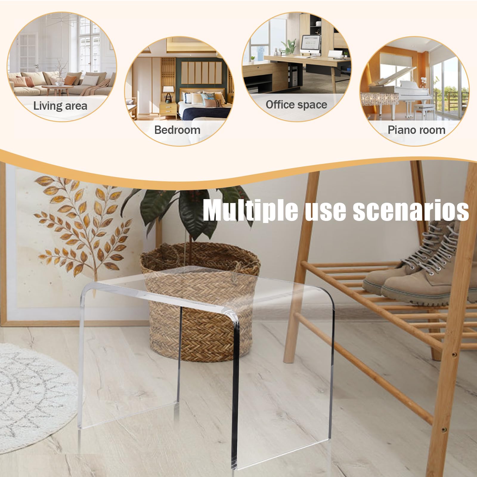 Clear Acrylic U Shaped End Table, Transparent Perspex Plastic Shower Stool, Stylish Modern Coffee Table with Rounded Edges