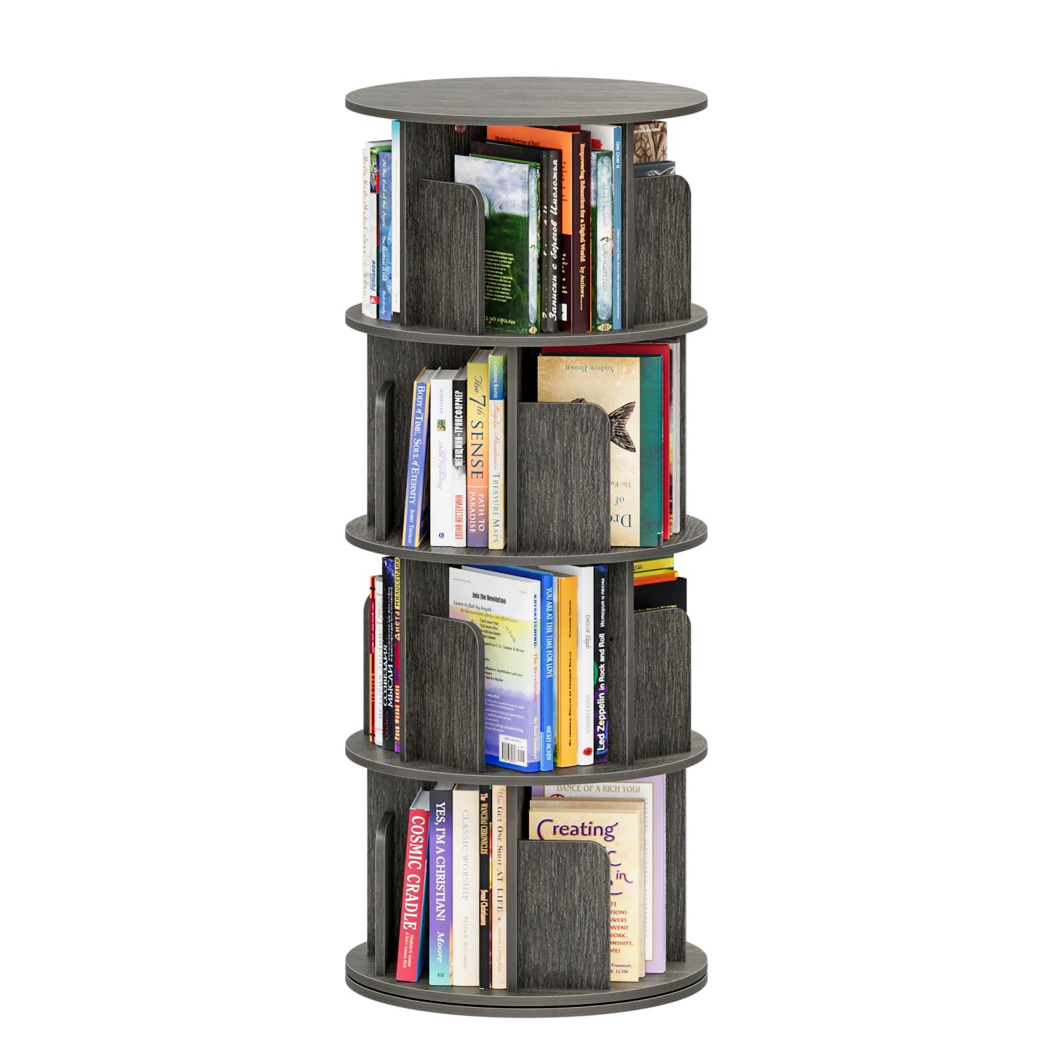 APPOLYN 4 Tier Rotating Bookshelf, 360 Display Spinning Bookcase, Black Oak