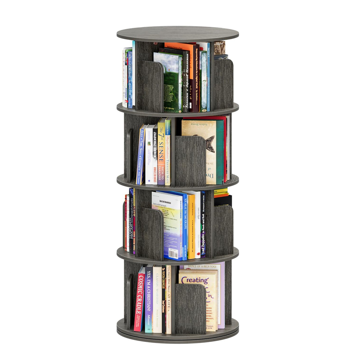 APPOLYN 4 Tier Rotating Bookshelf, 360 Display Spinning Bookcase, Black Oak
