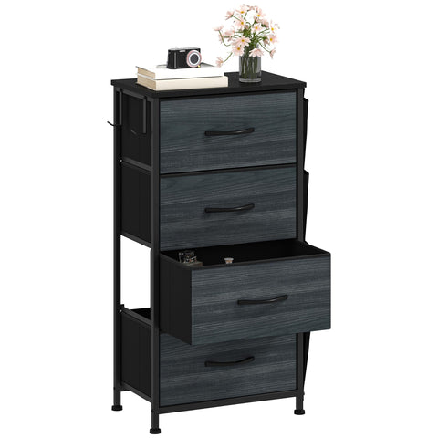 DWVO Narrow Chest of Drawers with 4 Drawers, Fabric Chest Drawers with Side Pocket&Hooks,Easy Pull Handle,Sturdy Steel Frame for Bedroom,Living