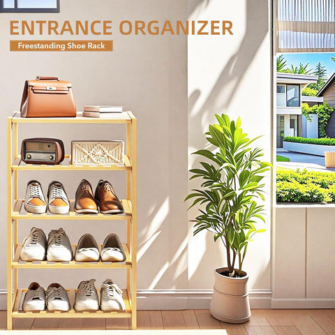 Akloya Bamboo Shoe Rack, 5 Tier Free Standing Shoe Rack Organizers,Multipurpose Shelfs for Hallway, Closet, Living Room, Entryway, Bedroom, Bathroom