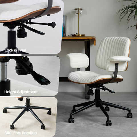 PELLEBAR Home Office Desk Chair, Mid-Century Executive PU Leather Chair with Padded Armrests, 360° Swivel Ergonomic Task Chair,Adjustable Height