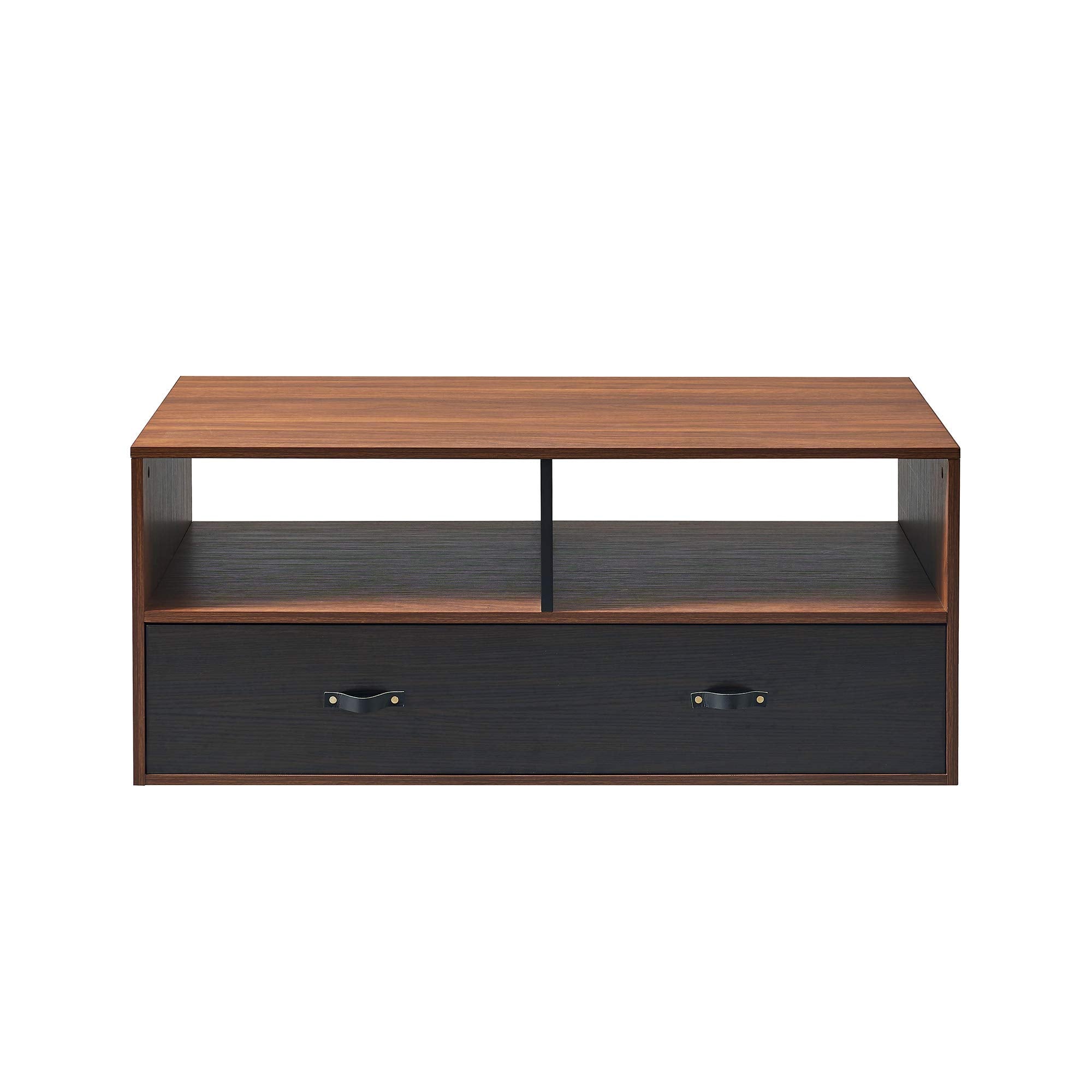 Teamson Home Modern Wooden Rectangular Coffee Table with Drawers and Storage with Leather Handle, Multi Function Coffee Table or TV Stand, Brown/Black