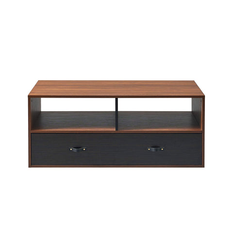 Teamson Home Modern Wooden Rectangular Coffee Table with Drawers and Storage with Leather Handle, Multi Function Coffee Table or TV Stand, Brown/Black