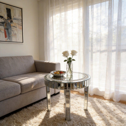 Artloge Mirrored Coffee Table Round Glass : 60 x 50cm Silver Glass Coffee Table Embedded Glitter Crushed Diamond Edge Frame and Crystal Mirror