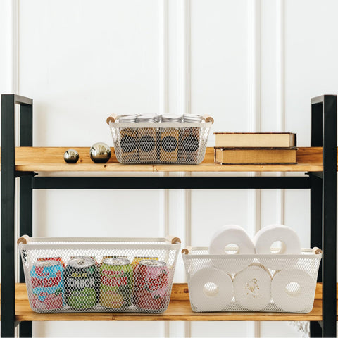 Noamus 3 Pack Metal Mesh Baskets with Wood Handle, Iron Storage Organizer Basket, White Wire Countertop Baskets for Organizing