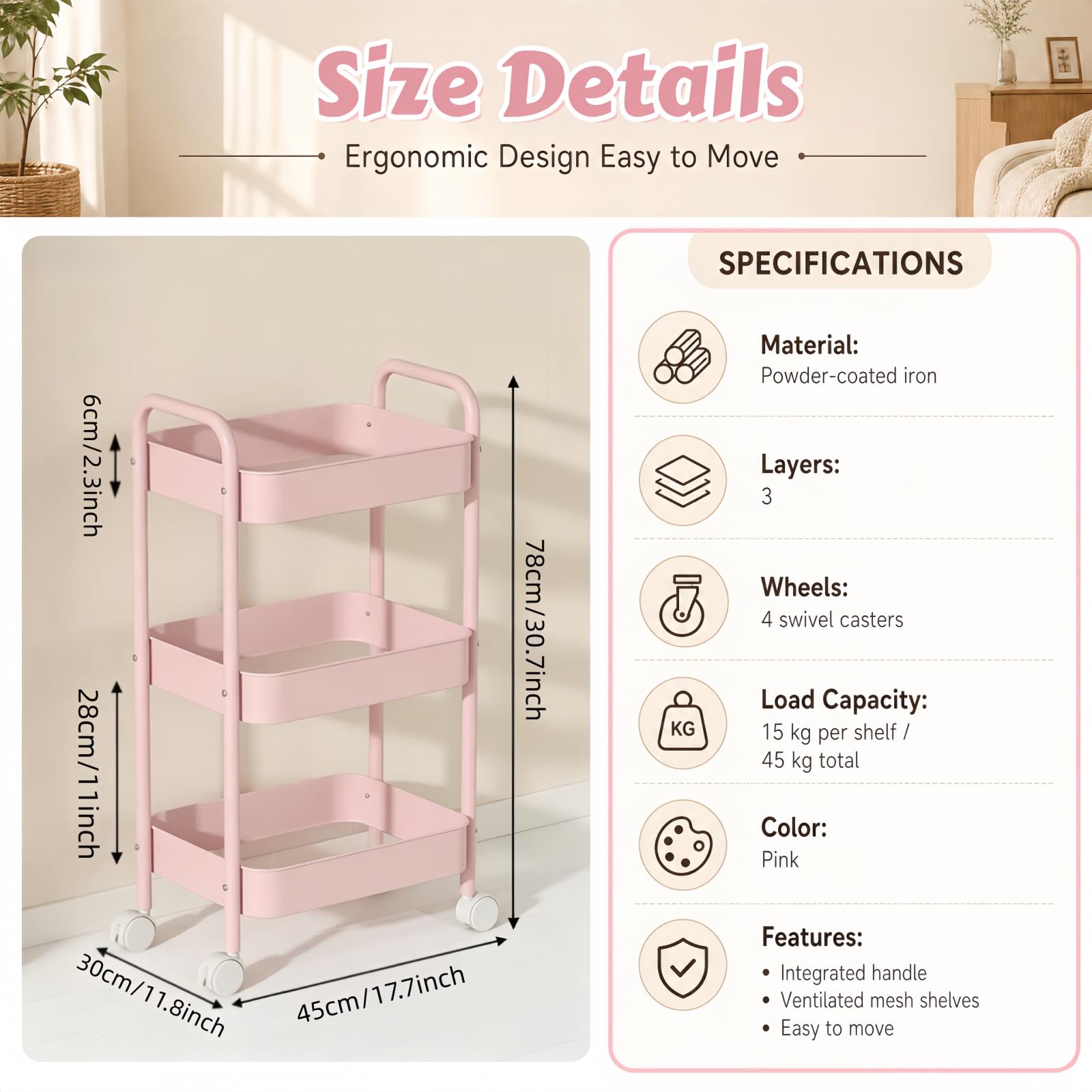 Siocok 3 Tier Metal Storage Trolley on Wheels, Storage Cart, Rolling Utility Cart, Easy Assembly for Home Kitchen, Bathroom Laundry and Office (Pink)