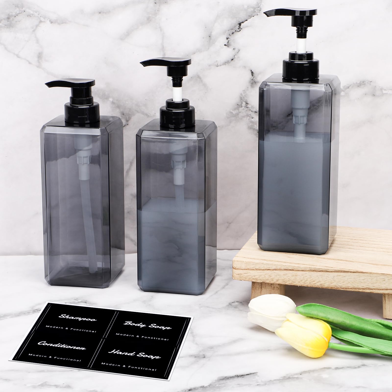 Segus Hand Wash Dispenser, 3 Pieces 800ml Grey Soap Dispenser, Refillable Shampoo Bottles with Pump, Bathroom Bottles with Labels, for Hotel, School