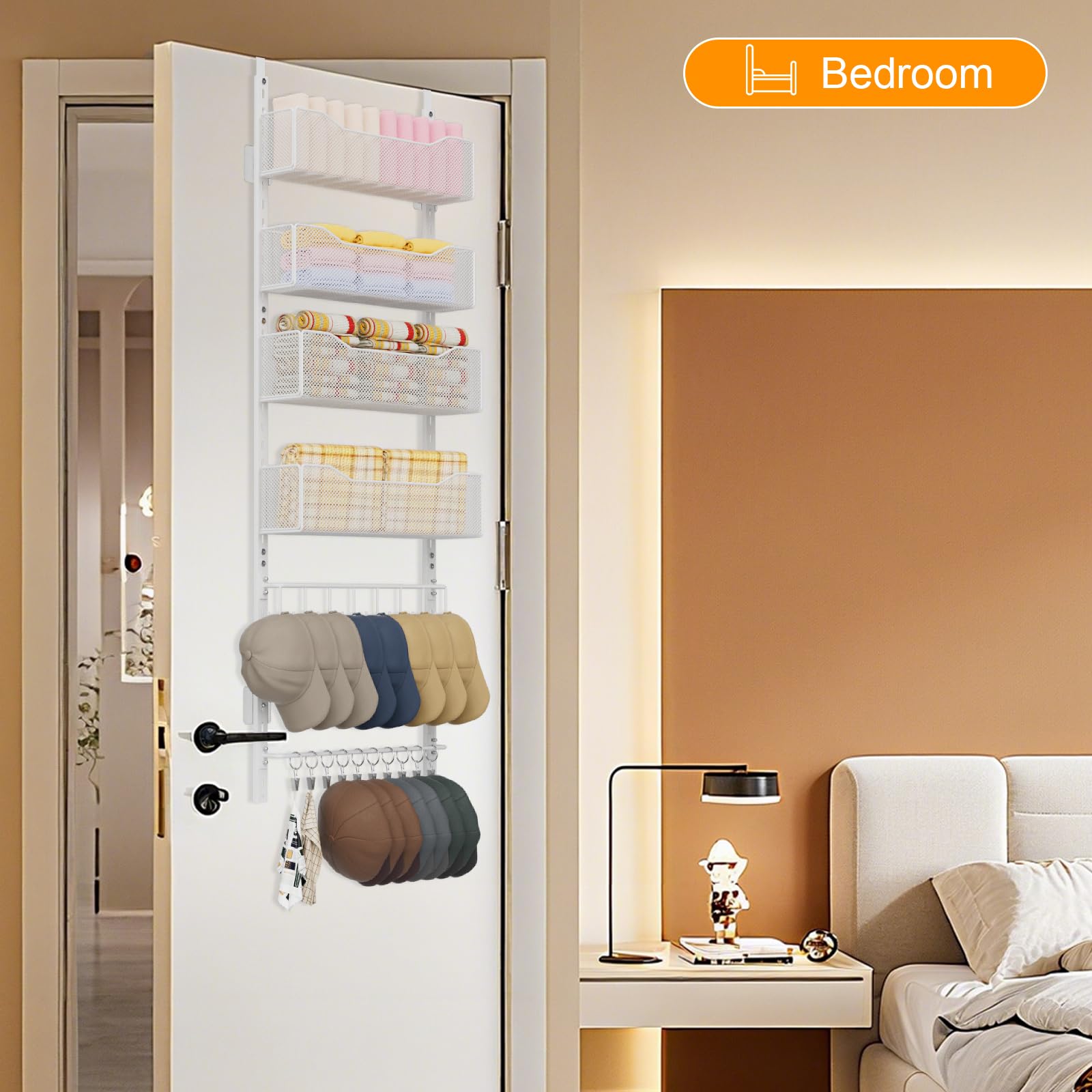 Over the Door Organizer, 2 in 1 Metal Hanging Closet Organizer & Hat Rack with 4 Adjustable Baskets, 8 Hooks, 10 Clips