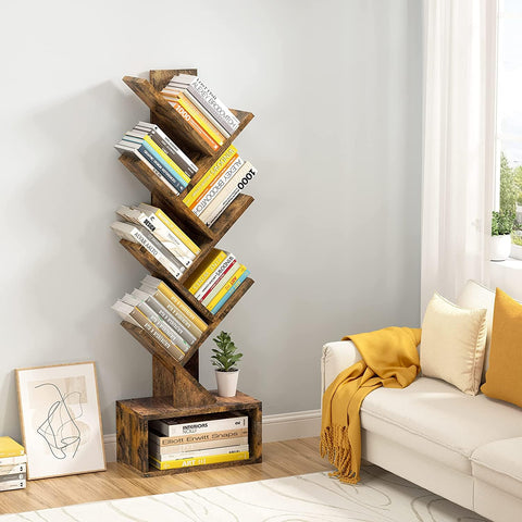 Hoctieon 6 Tier Tree Bookshelf, Tall Bookcase with Drawer, Freestanding Book Shelf, Display Floor Standing Storage Shelf