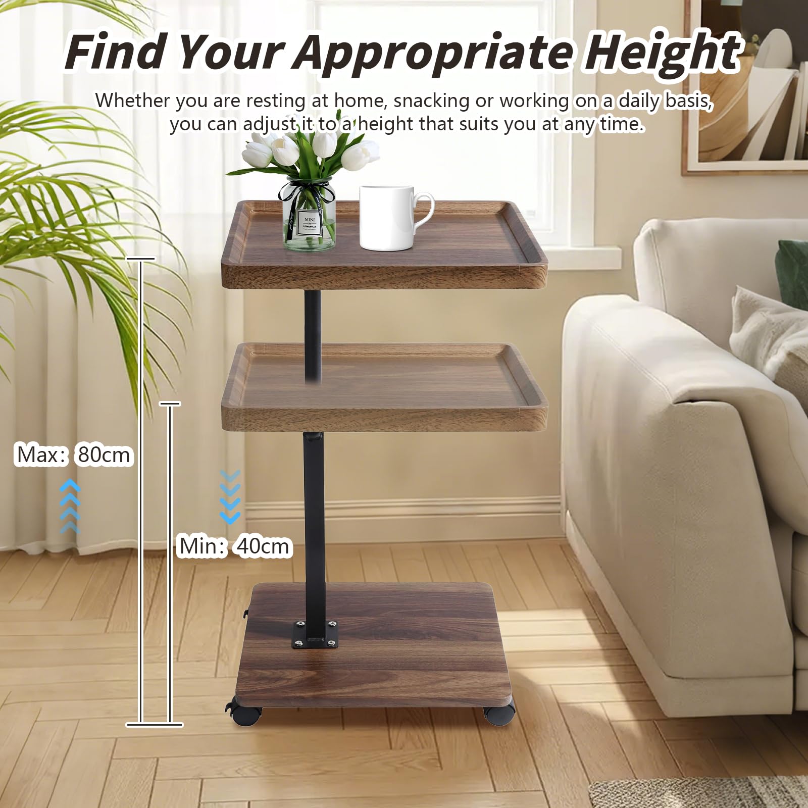 XUDREZ Adjustable Side Table, C Shaped Small Table with 4 Wheels 364° Swivel Tray, End Table for Living Room Bedroom Sofa Small Spaces (Walnut color)