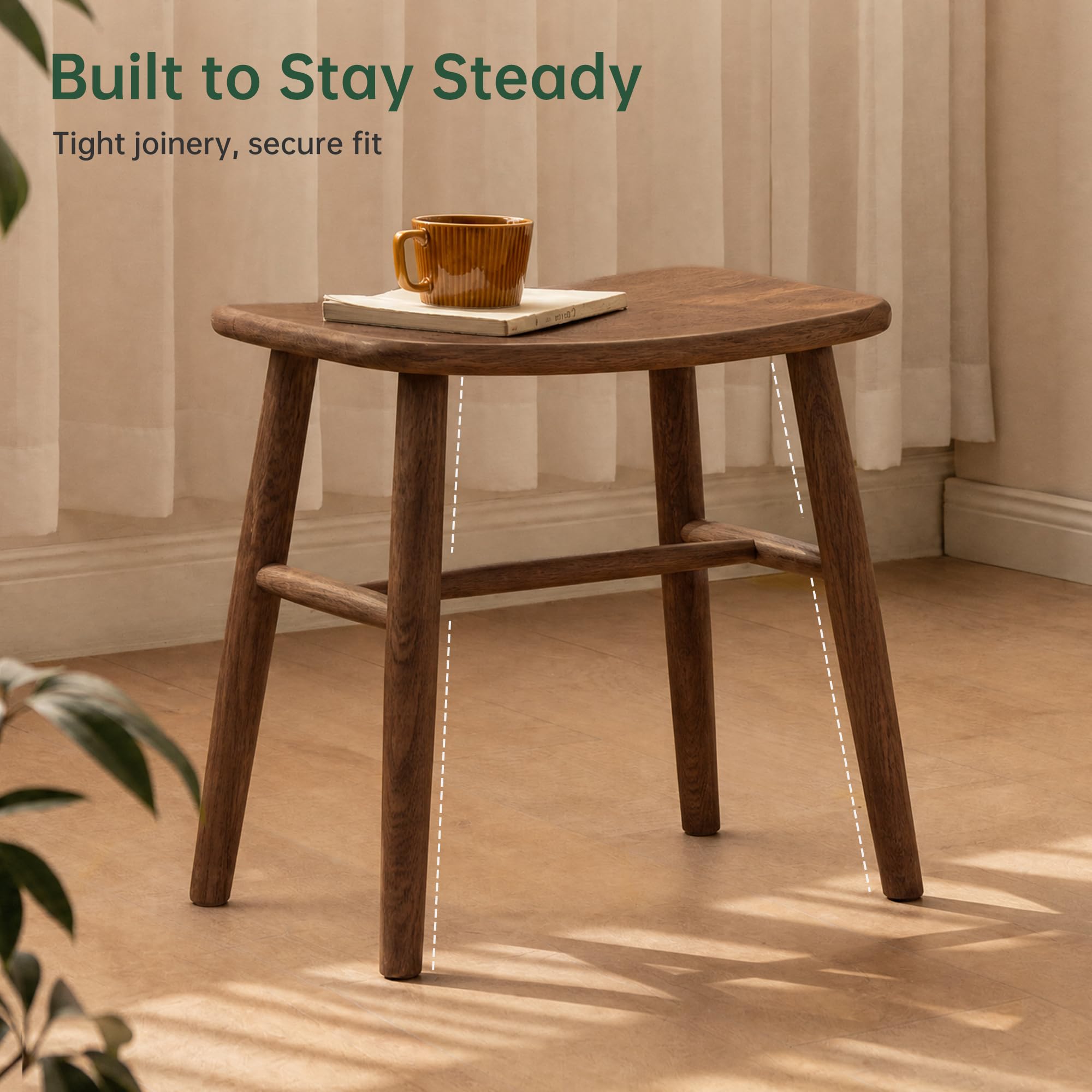 100% Oak Solid Wood Dressing Stool with Curved Seat, Walnut Vanity Stool