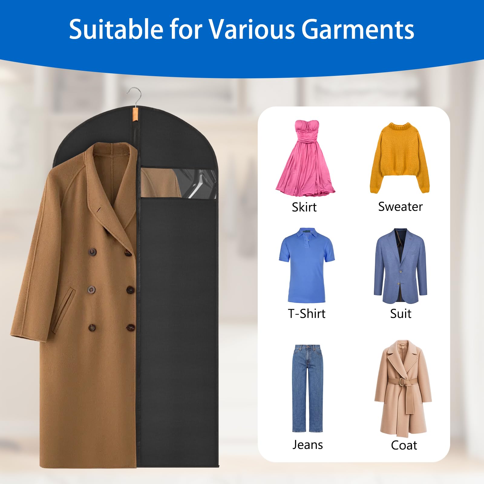 Sevenpers 6 Pack Suit Bags Garment Bags for Hanging Clothes 60x120cm Black