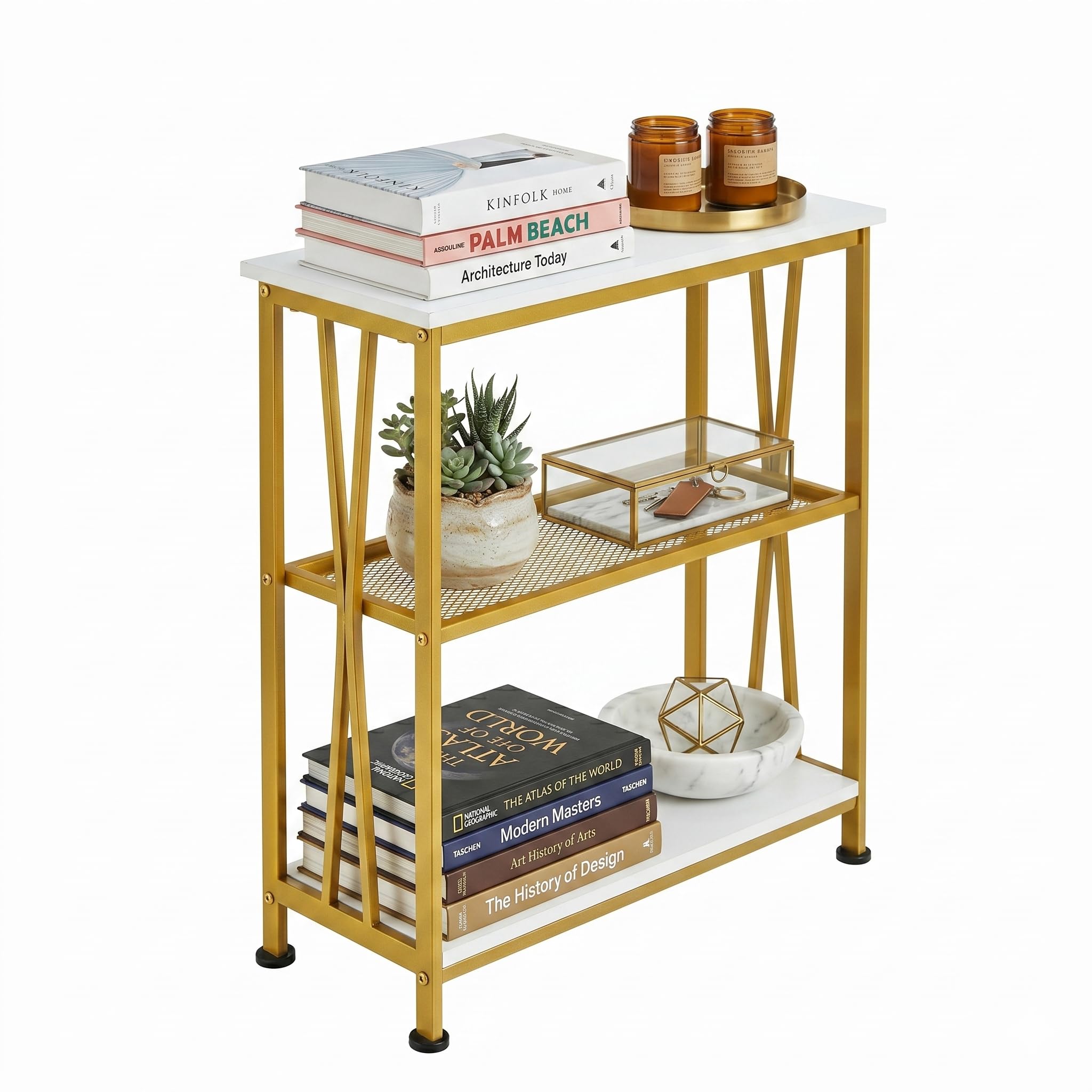 GIOPACO Narrow Side Table,20" Long End Table with 3 Tier Storage Shelves, Small Hallway Table