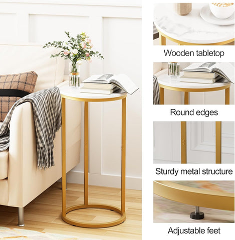 C Shaped End Table, Round Side Table, SofaTable, CoffeeTable Under Sofa, Small Couch Snack Tables, Bedside Tables with Metal Frame for Living Room