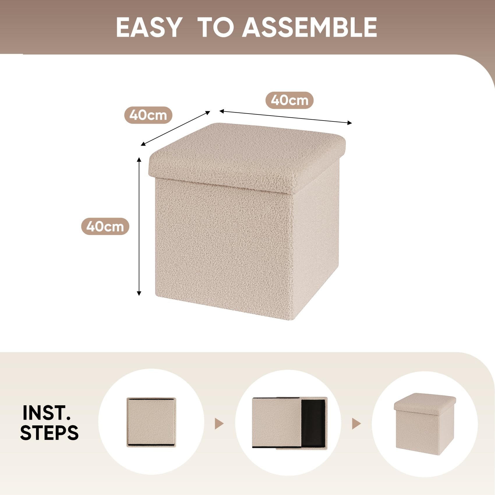 Bonlife Boucle Ottoman Storage,Foot Rest Stool Seat,Folding Footstool for Living Room,Sherpa Ottoman for Bedroom,Beige,40x40x40cm