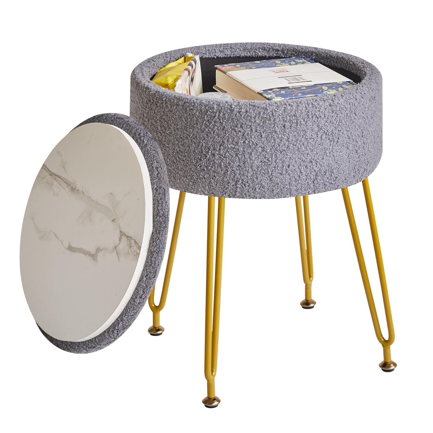 IBUYKE Makeup Vanity Stool, Teddy Velvet Storage Ottoman, Gray WBD010G