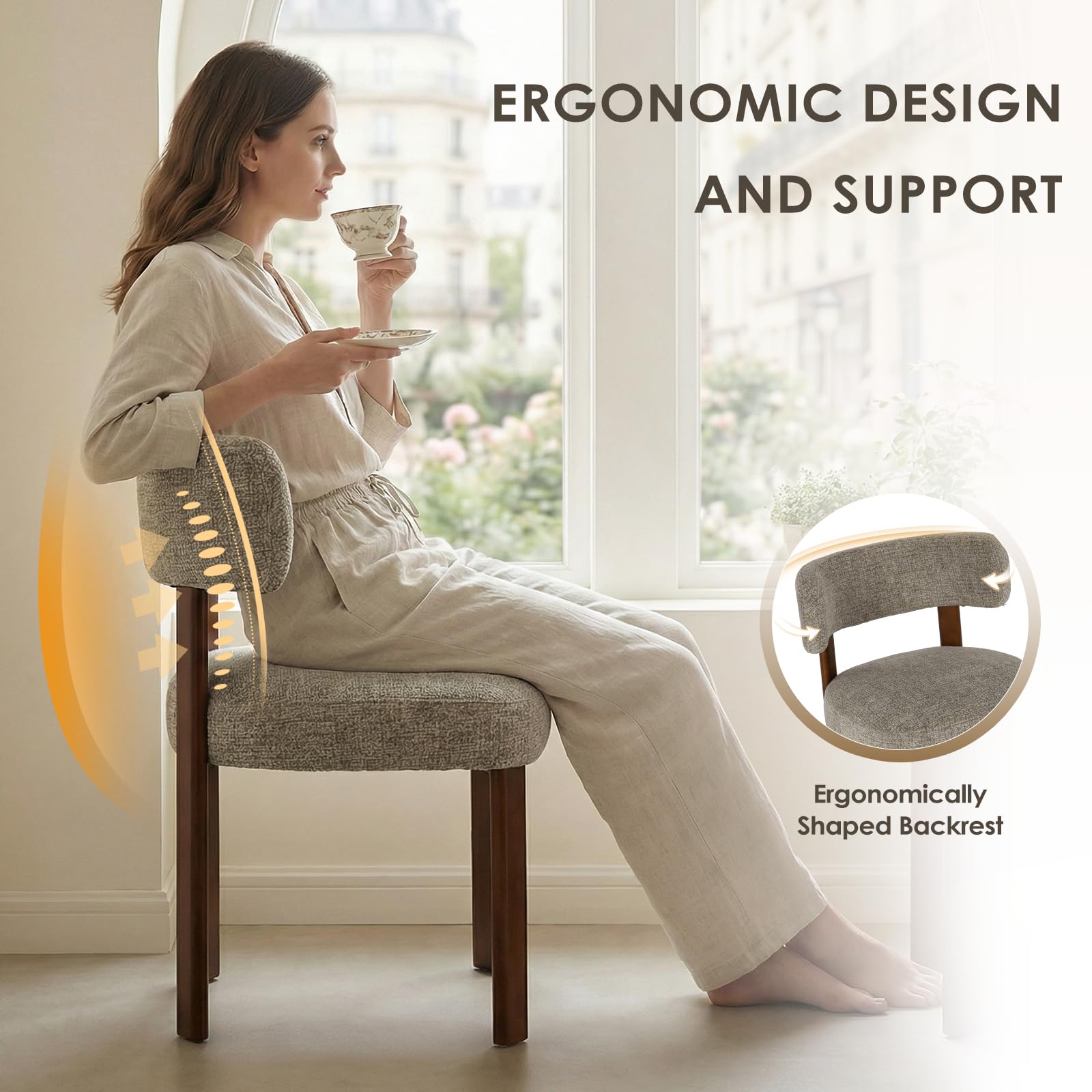 COLAMY Wooden Dining Chairs Set of 6, Fabric Chairs for Dining Room with Open Curved Backrest and Thick Seat Cushion