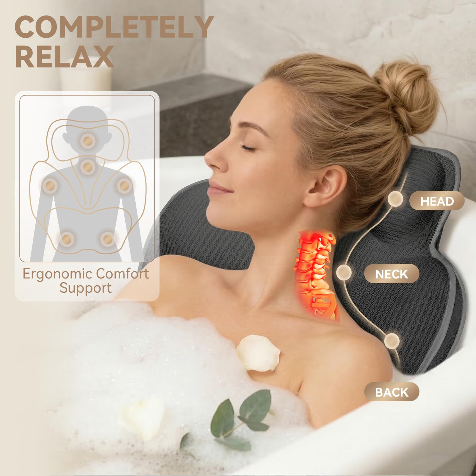 Poemland Bath Pillow for Tub - Luxury Bath Pillow for Neck, Head & Back Support, Soft 5D Mesh Quick Dry Fabric, 54 Non-Slip Suction Cups
