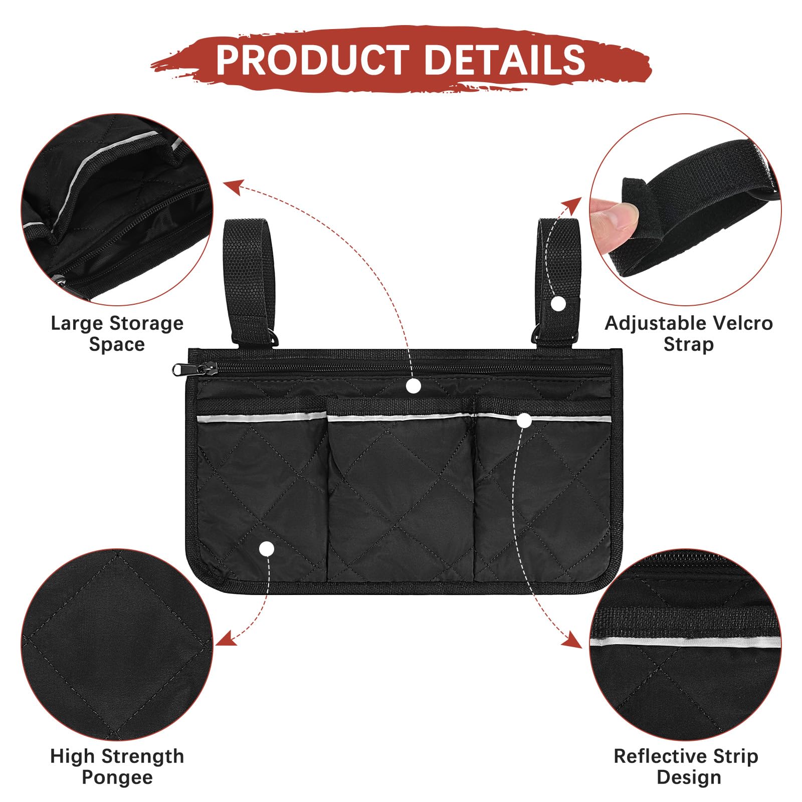 TIXIPEM 1-Pack Beach Chair Armrest Bag 12.8"x7" Polyester, Black