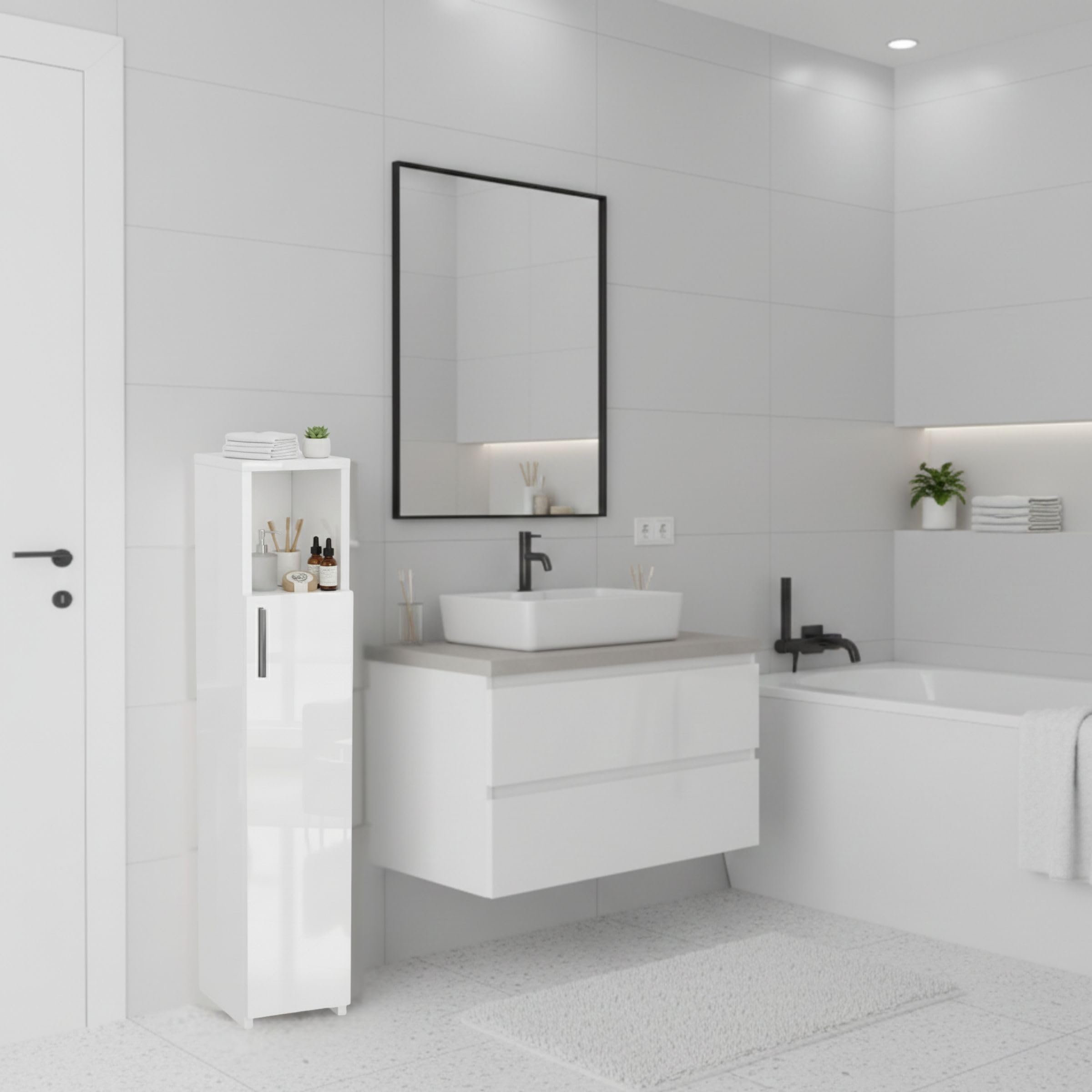 ComfortCove Slim Bathroom Cabinet, Tall Bathroom Cabinet, Gloss White