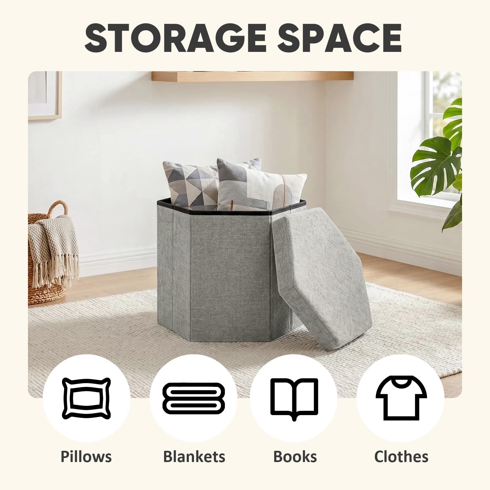 PINPLUS Chenille Ottoman Storage Box, Hexagonal Folding Stool, Silver Grey