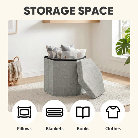 PINPLUS Chenille Ottoman Storage Box, Hexagonal Folding Stool, Silver Grey