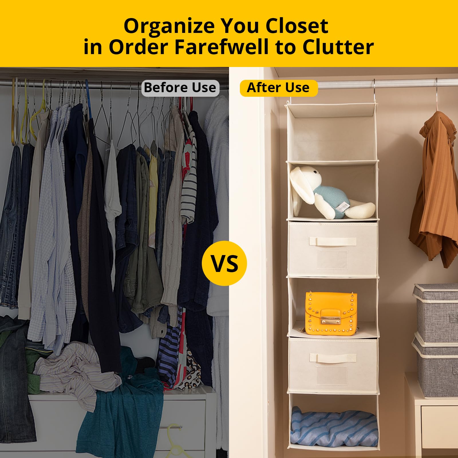 BrilliantJo Hanging Wardrobe Organiser 6 Shelves with 2 Removable Drawers Closet Storage, hanging Shelves Unit with 4 Pockets for Clothes