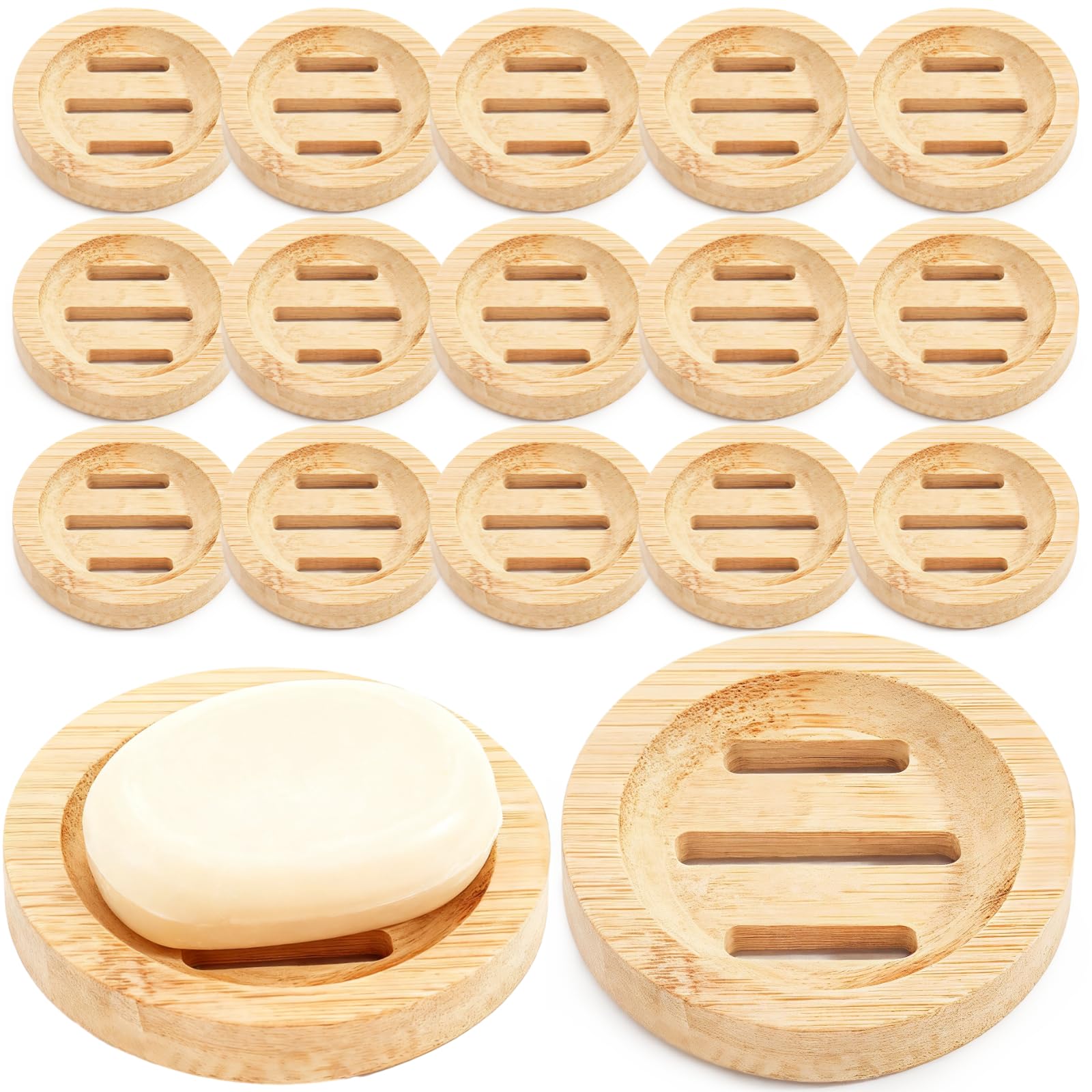 24PCS Bamboo Soap Dishes,3.2 in Round Wooden Soap Holder with Drainage Slots, Waterproof Lacquered Soap Bar Tray for Bathroom Shower