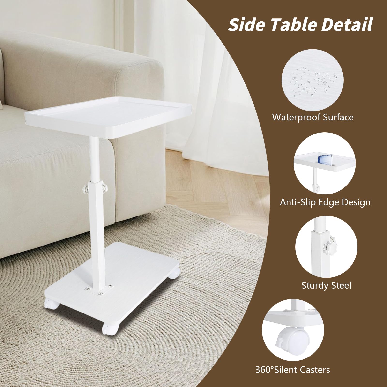 XUDREZ Adjustable Side Table, C Shaped Small Table with 4 Wheels 364° Swivel Tray, End Table for Living Room Bedroom Sofa Small Spaces (White