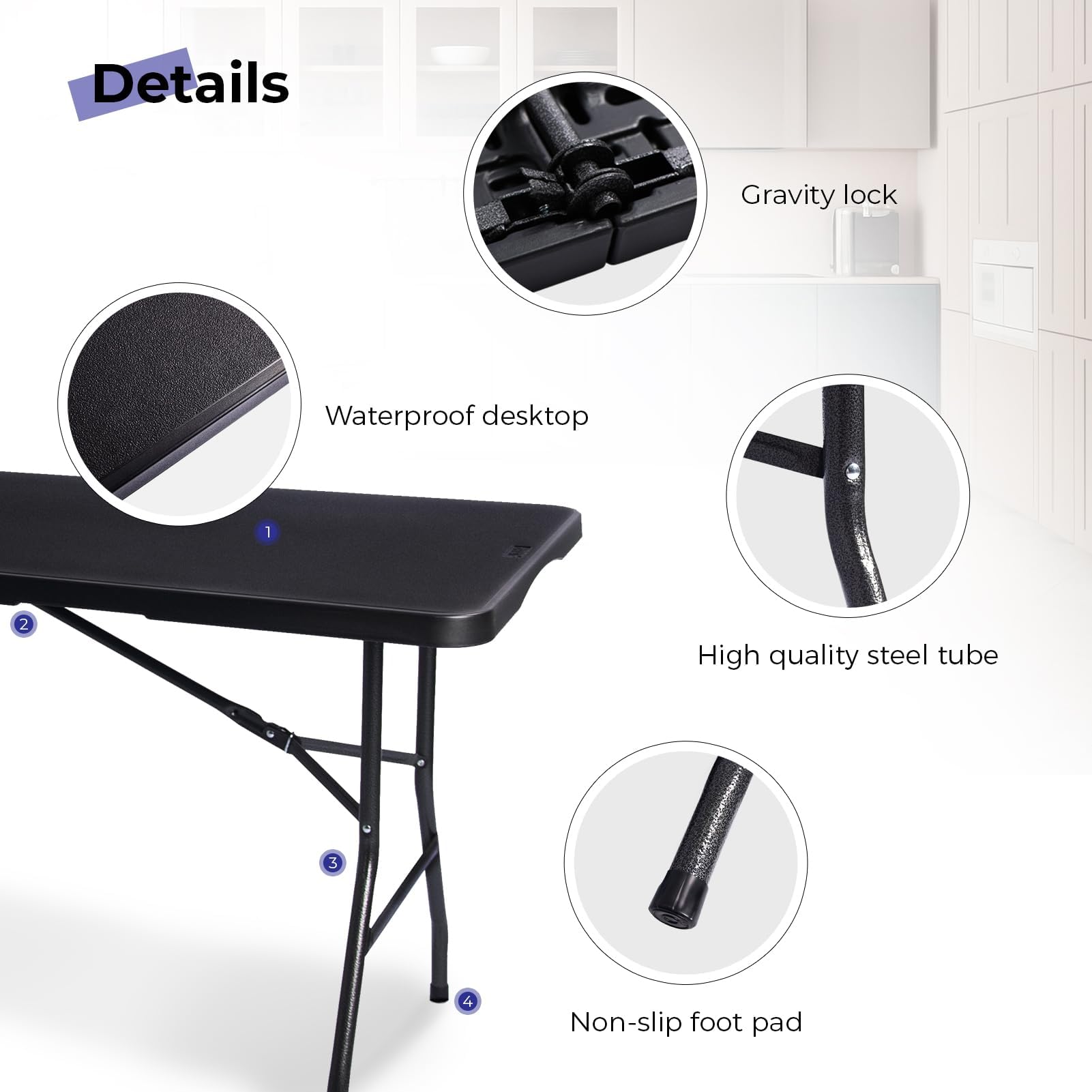 Byliable 183cm Folding Table with Carry Handle, Heavy Duty, Black
