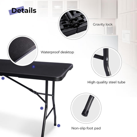Byliable 183cm Folding Table with Carry Handle, Heavy Duty, Black