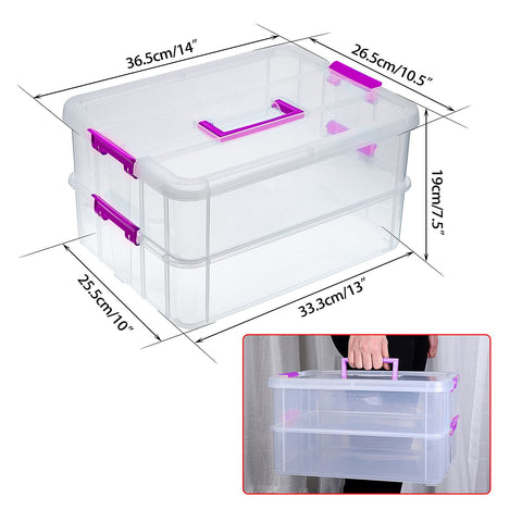 IGNPION 2-Tier Stackable Craft Storage Box Plastic Adjustable Storage Containers with Carry Handle Transparent Containers Organiser for Art & Craft