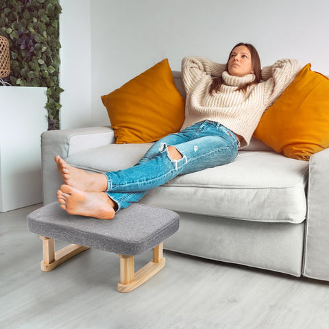 Foot Stool, Linen Fabric Ottoman Footstool with Removable Padded Cover, Small Pouffe Footstool with Stable Wooden Legs