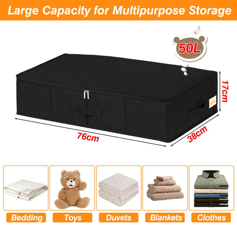 50L 17cm Tall Under Bed Storage Boxes with Zipped Lids, 2 Pack, Black