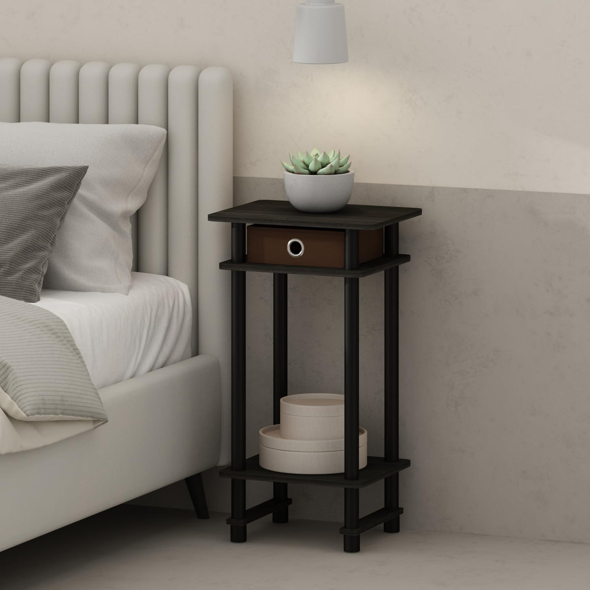 Furinno TURN-N-TUBE Night Stand, 3-Tier Open Shelf Design Nightstand with Storage Bin, Tall Narrow Bedside Table, End Table, Side Table