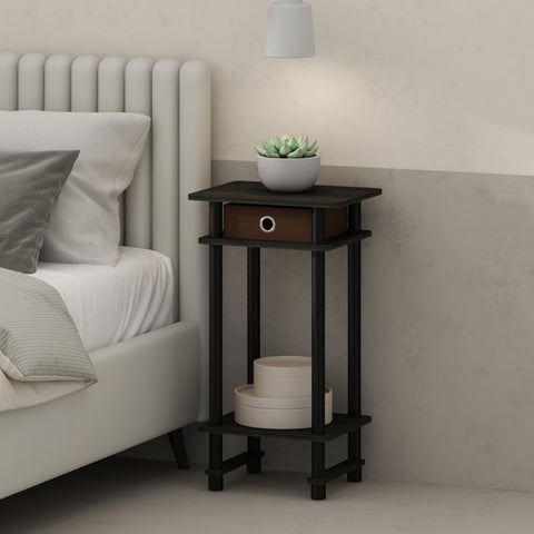 Furinno TURN-N-TUBE Night Stand, 3-Tier Open Shelf Design Nightstand with Storage Bin, Tall Narrow Bedside Table, End Table, Side Table