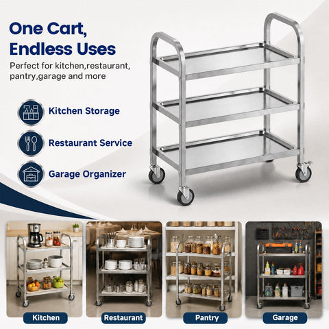 3 Tier Stainless Steel Cart, Rolling Catering Storage Cart (95x50x95cm)