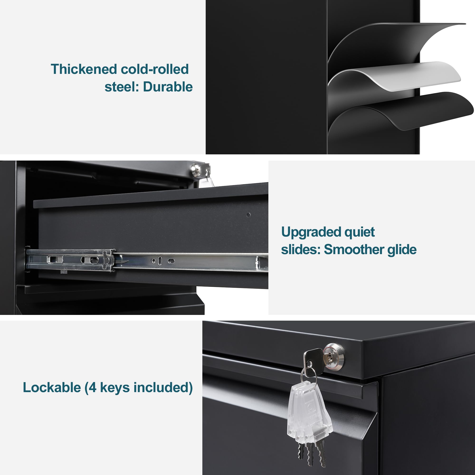 LVSTEEL Mobile Filing Cabinet, Under Desk 4-Drawer Lockable Cabinet with Wheels, Filing Cabinets for Home Office, Pre-Assembled, Black