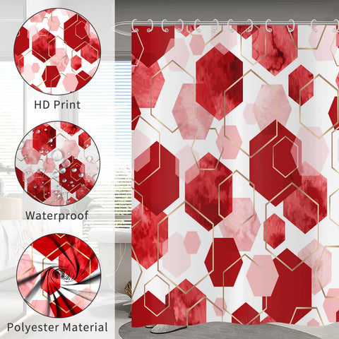 Hnmdmyi Red Shower Curtain 180x200, Modern Geometric Hexagon Abstract Art Bathroom Curtains Waterproof Polyester Fabric Washable Bath Curtains with