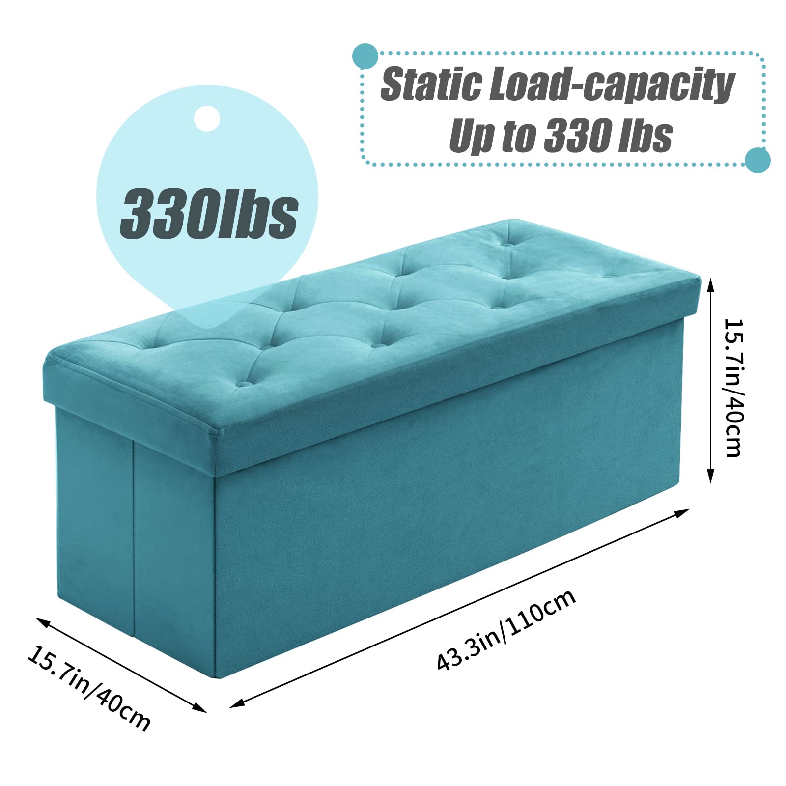 BRIAN & DANY Folding Storage Ottoman Bench, Velvet Large Ottoman Storage Box for Living Room and Bedroom 110 x 40 x 40 cm - Teal