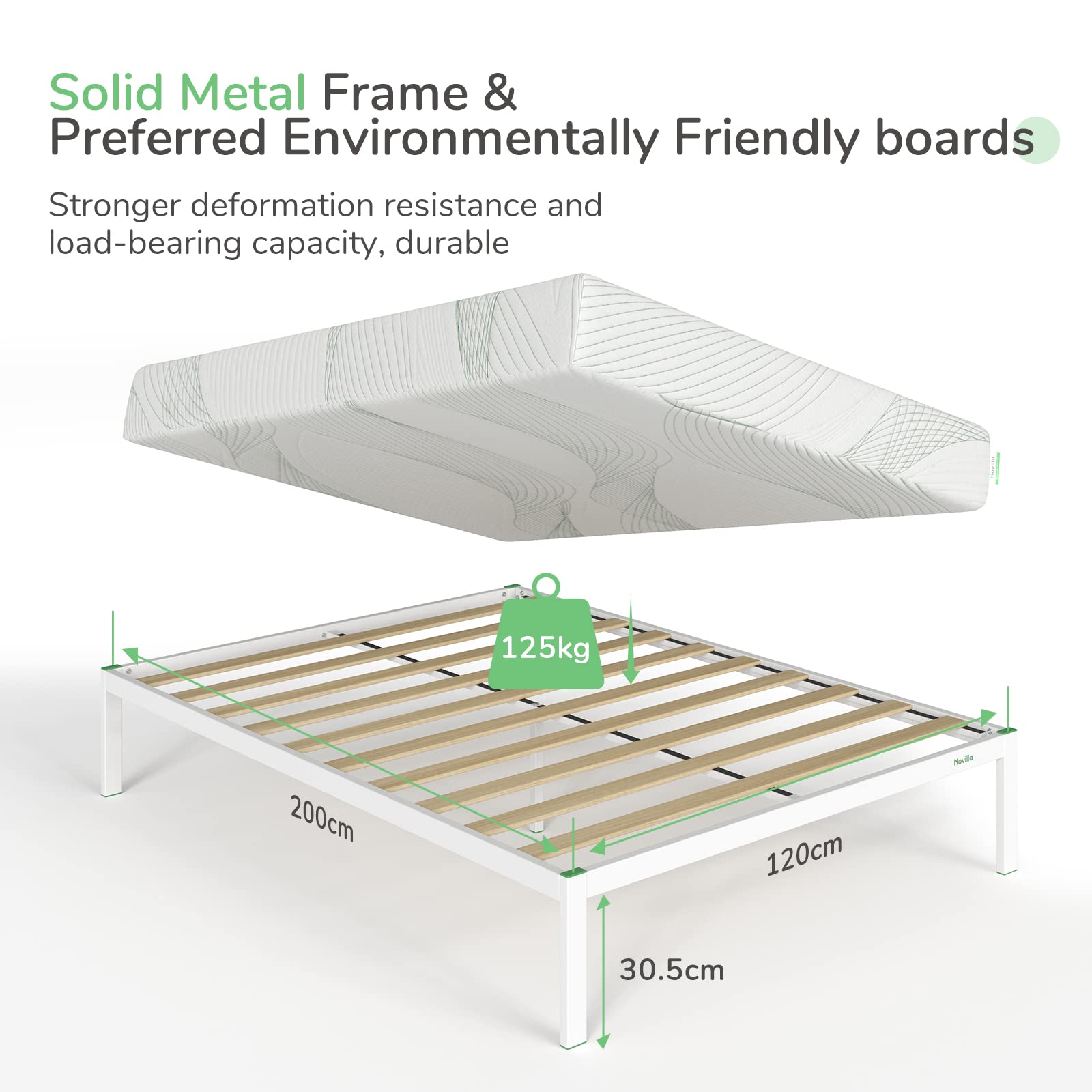 Novilla 30.5 cm Metal Bed Frame, 4FT Platform Bed Frame With Noise-cancelling Design, Engineered Wood Slat Support, Solid Support Leg, Easy Assembly