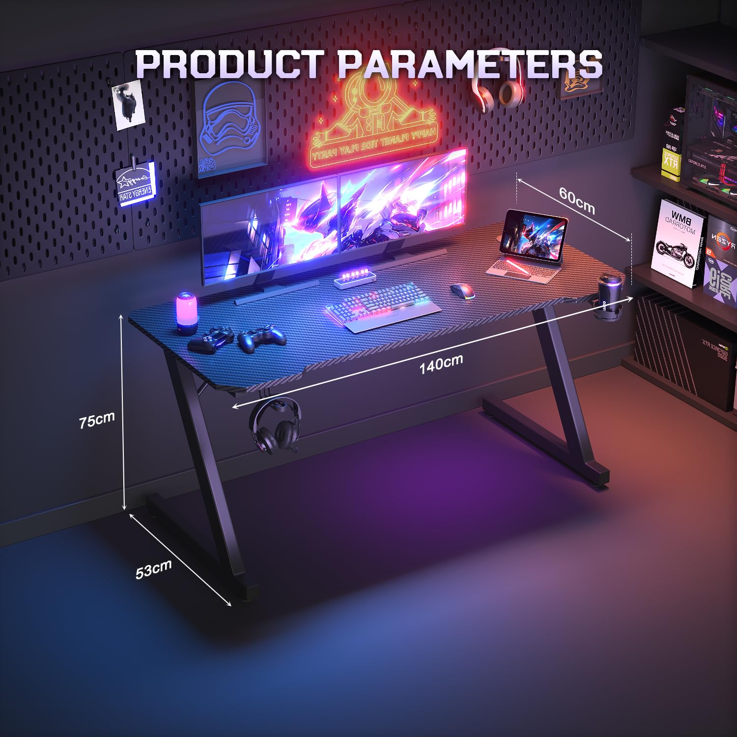 JUMMICO Gaming Table Gaming table with cup holder and headset holder, 2 professional cable management holes, carbon fiber table top