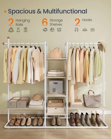 SONGMICS HOME Clothes Rail, Clothes Rack with Shoe Shelf, Heavy-Duty Storage Rack, 6 Storage Shelves, 2 Hanging Rails, Matchstick-Shaped Hooks