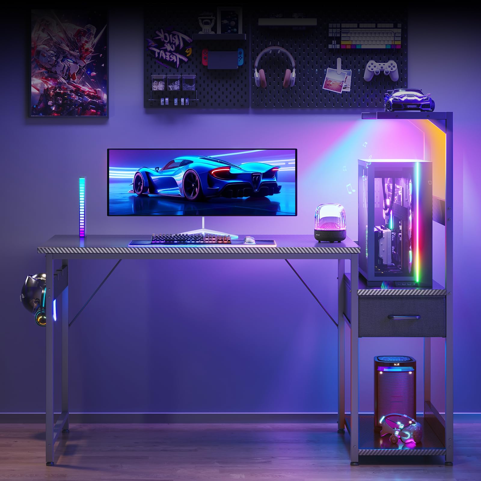 Coleshome 120×48 cm Gaming Desk with LED Lights, Carbon Fiber Black