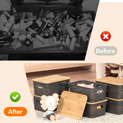 6 Pack Stackable Plastic Storage Boxes with Bamboo Lids & Handles, Ventilated Mesh Baskets for Kitchen/Bathroom Storage