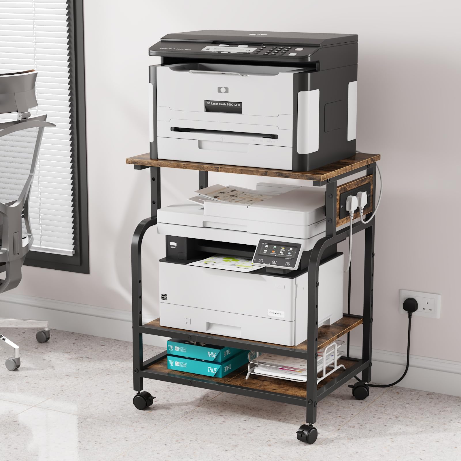 OYRREU 3-Tier Rolling Printer Stand with Outlets for Home, Office, Brown